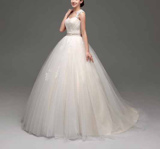 7‑Day Dispatch Sweetheart Lace Strap Ball Gown Wedding Dress Cutout Back Corset with Bow Chapel Train Bridal Gown Product Description