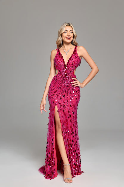 7‑Day Dispatch Fuchsia Teardrop Sequin Mermaid Prom Dress V‑Neck Sleeveless Cutout High Slit Evening Gown