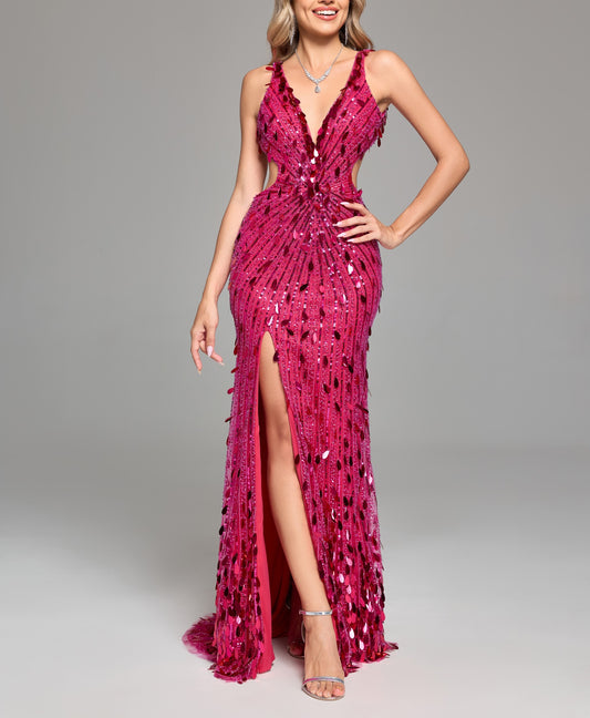 7‑Day Dispatch Fuchsia Teardrop Sequin Mermaid Prom Dress V‑Neck Sleeveless Cutout High Slit Evening Gown