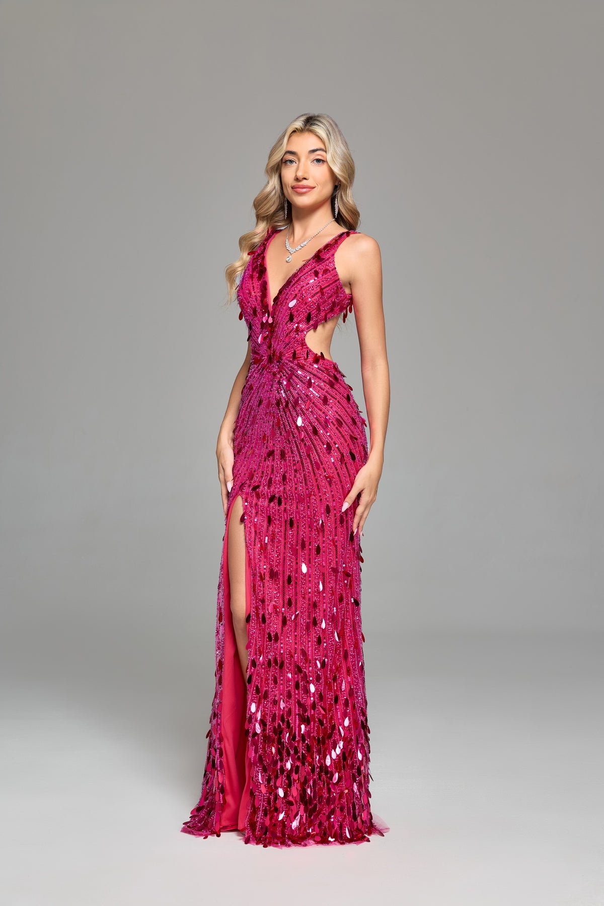 7‑Day Dispatch Fuchsia Teardrop Sequin Mermaid Prom Dress V‑Neck Sleeveless Cutout High Slit Evening Gown
