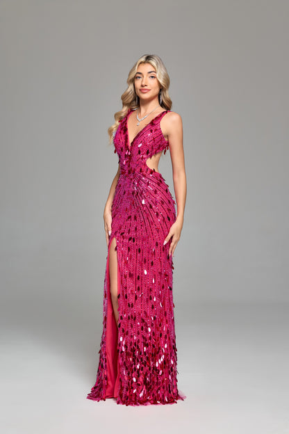 7‑Day Dispatch Fuchsia Teardrop Sequin Mermaid Prom Dress V‑Neck Sleeveless Cutout High Slit Evening Gown