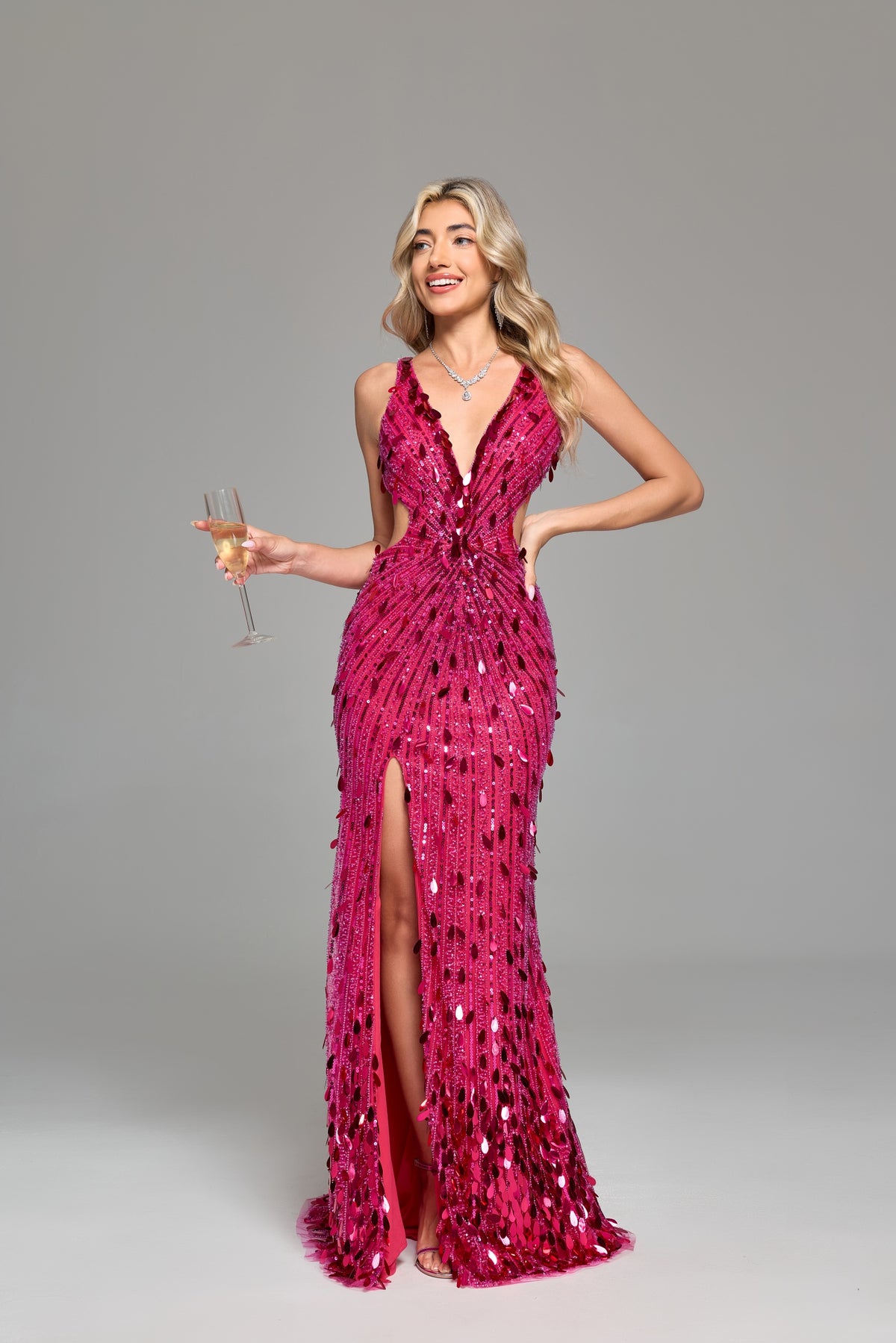 7‑Day Dispatch Fuchsia Teardrop Sequin Mermaid Prom Dress V‑Neck Sleeveless Cutout High Slit Evening Gown