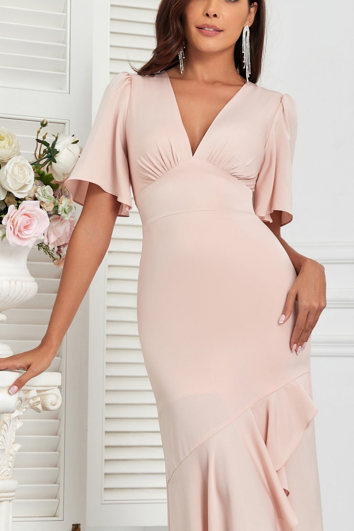 Blush Pink V-Neck Flutter Sleeve Satin Midi Dress Ruffle Hem