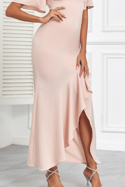 Blush Pink V-Neck Flutter Sleeve Satin Midi Dress Ruffle Hem