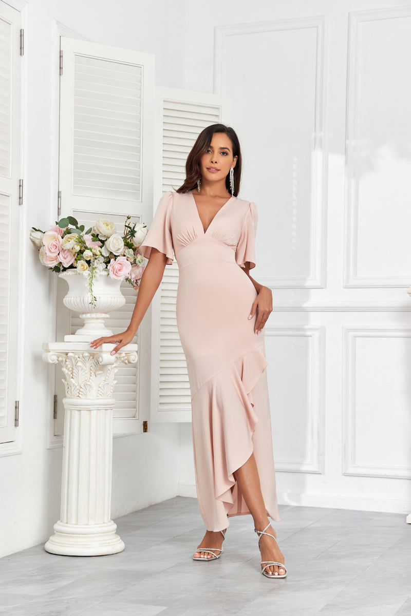 Blush Pink V-Neck Flutter Sleeve Satin Midi Dress Ruffle Hem