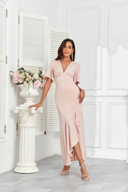 Blush Pink V-Neck Flutter Sleeve Satin Midi Dress Ruffle Hem