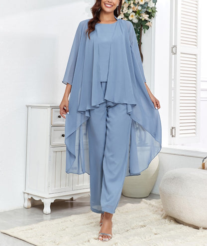 72-Hour Dispatch Dusty Blue 3-Piece Chiffon Pantsuit with Long Jacket