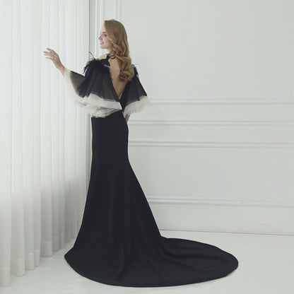 7-Day Dispatch Strapless Sweetheart Black Feather Sleeve Mermaid Evening Gown Sheer Embroidered Deep V-Back Formal Dress