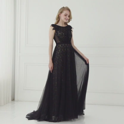 7-Day Dispatch Sleeveless Illusion Neckline Black Lace Tulle A-Line Evening Gown Beaded Waist Deep V-Back Formal Dress