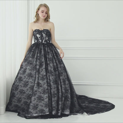 7-Day Dispatch Strapless Sweetheart Black Lace Tulle Ball Gown Lace-up Back Prom Dress