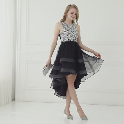7-Day Dispatch Sleeveless Round Neck Beaded Bodice Black Tulle High-Low Dress Cutout Back Prom Gown