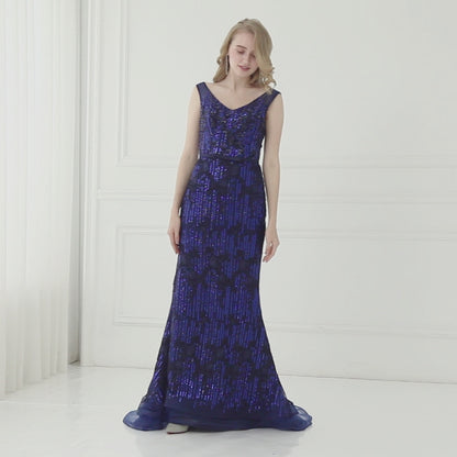 7-Day Dispatch Sleeveless V-Neck Navy Blue Beaded Lace Mermaid Evening Gown Lace-up Back Formal Dress