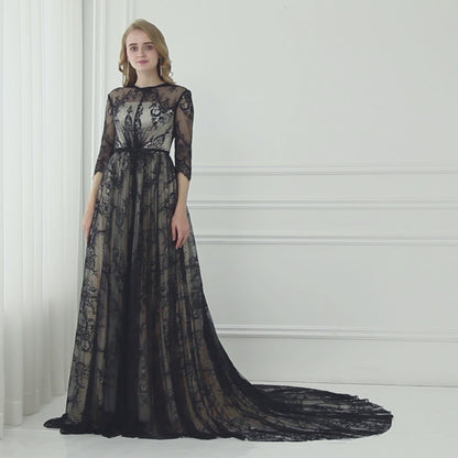 7-Day Dispatch High Neck 3/4 Sleeve Black Floral Lace Evening Gown Sheer Nude Lining A-Line Sweep Train Dress